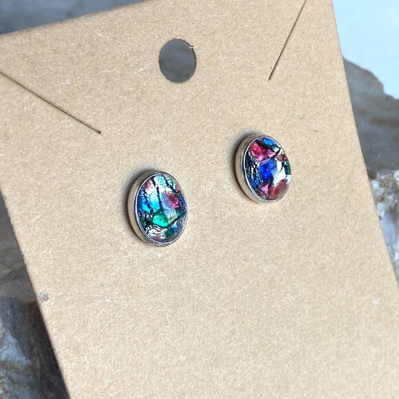 Sterling Silver 925 Dainty Oval Dichroic Glass Cabochon Stud Earrings - Picture 2 of 16